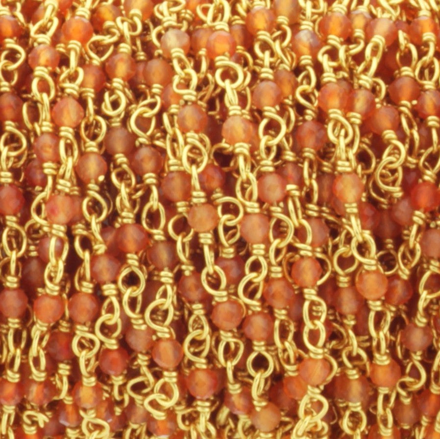 Orange Carnelian 2mm Faceted Rounds Rosary Chain Sterling Silver with Gold Plating Wire Wrap Chain by the Foot