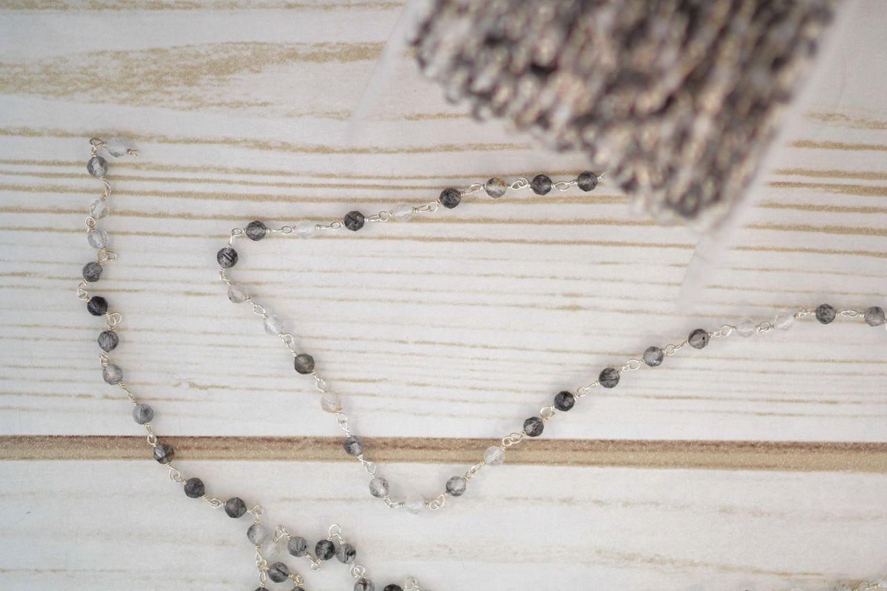 Black Tourmalinated Quartz 3.5mm Faceted Rounds Rosary Chain Sterling Silver Wire Wrap Chain by the Foot