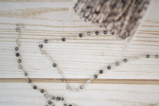 Black Tourmalinated Quartz 3.5mm Faceted Rounds Rosary Chain Sterling Silver Wire Wrap Chain by the Foot