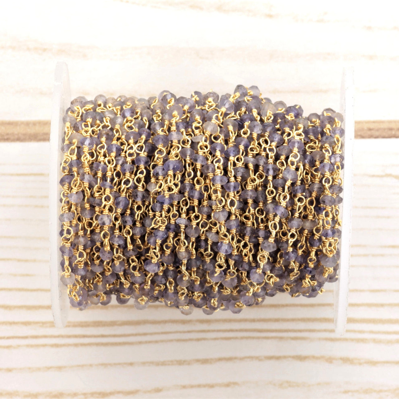 Blue Iolite 3mm Faceted Rondelles Rosary Chain Sterling Silver with Gold Plating Wire Wrap Chain by the Foot