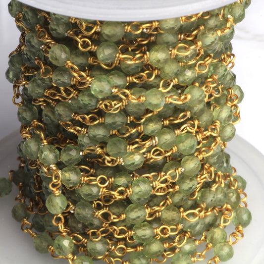Green Apatite 3mm Faceted Rounds Rosary Chain Sterling Silver with Gold Plating Wire Wrap Chain by the Foot