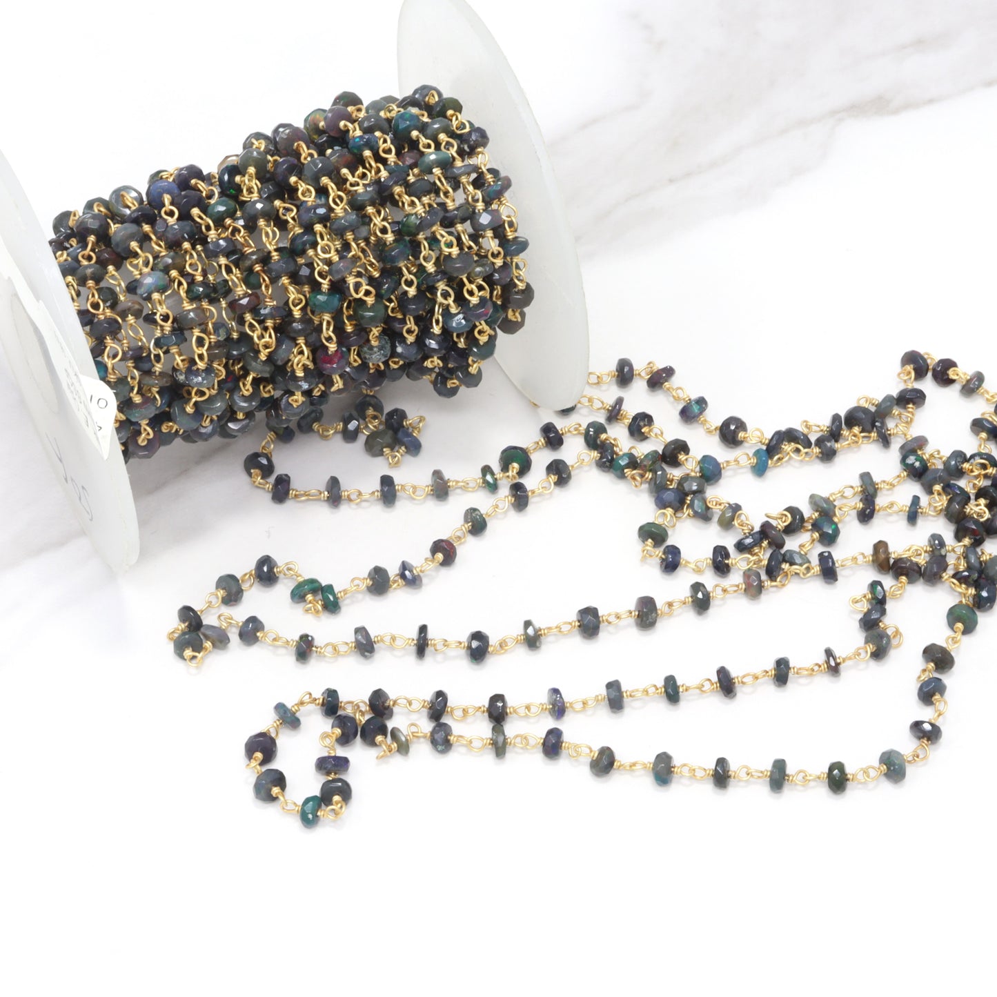 Black Ethiopian Opal 4mm Faceted Rondelles Rosary Chain Sterling Silver with Gold Plating Wire Wrap Chain by the Foot