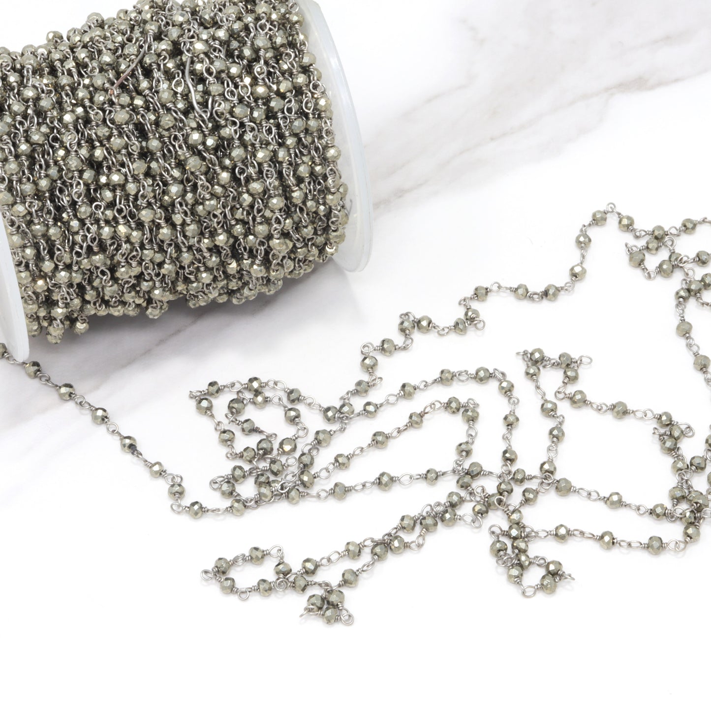 Natural Pyrite 3mm Faceted Rondelles Rosary Chain Sterling Silver Wire Wrap Chain by the Foot