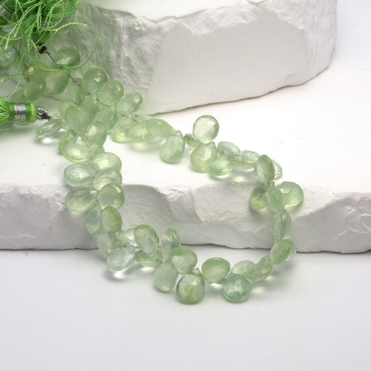 Green Prehnite 9x7mm Faceted Pear Shaped Briolettes Bead Strand