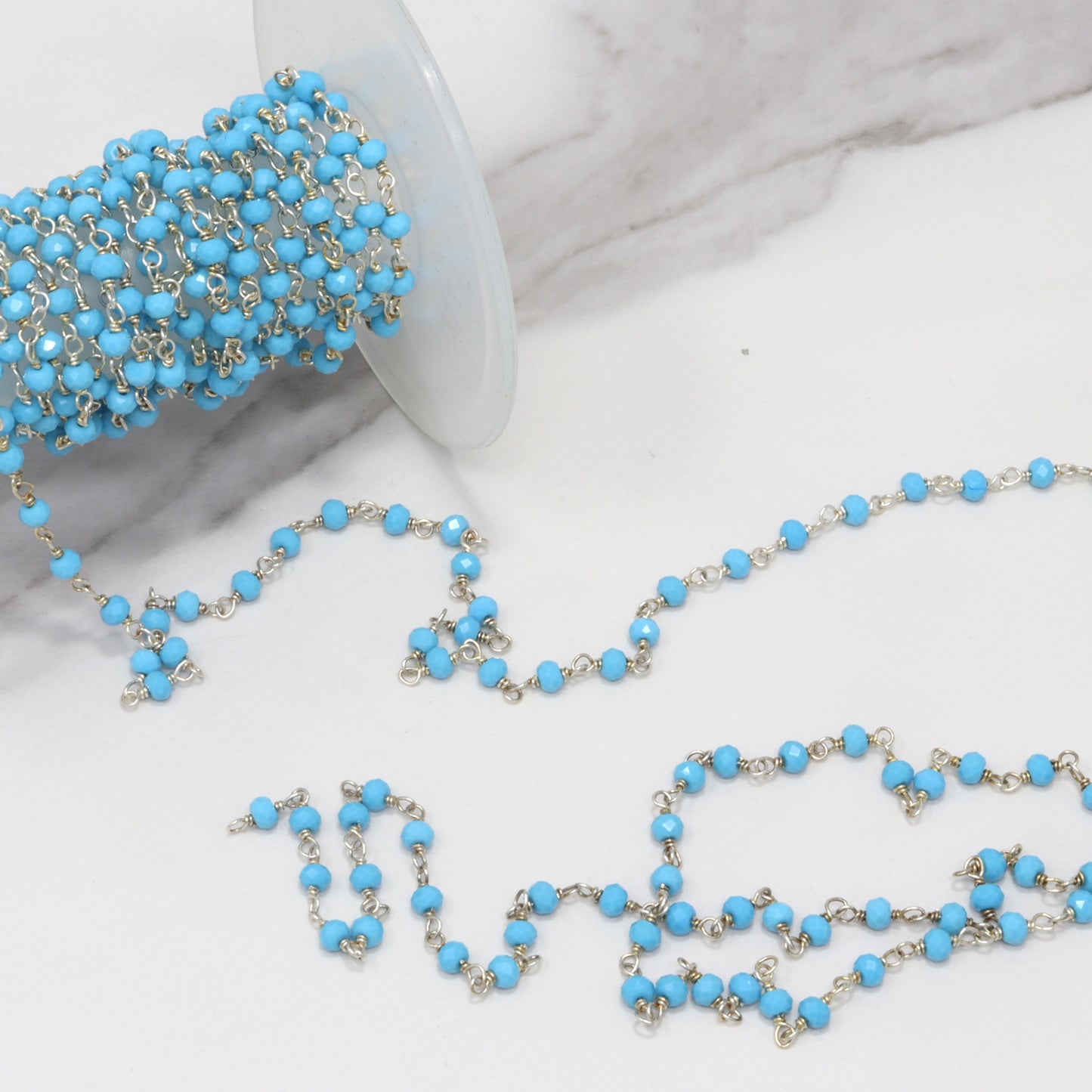 Blue Turquoise (R) 3mm Faceted Rondelles Rosary Chain Sterling Silver Wire Wrap Chain by the Foot