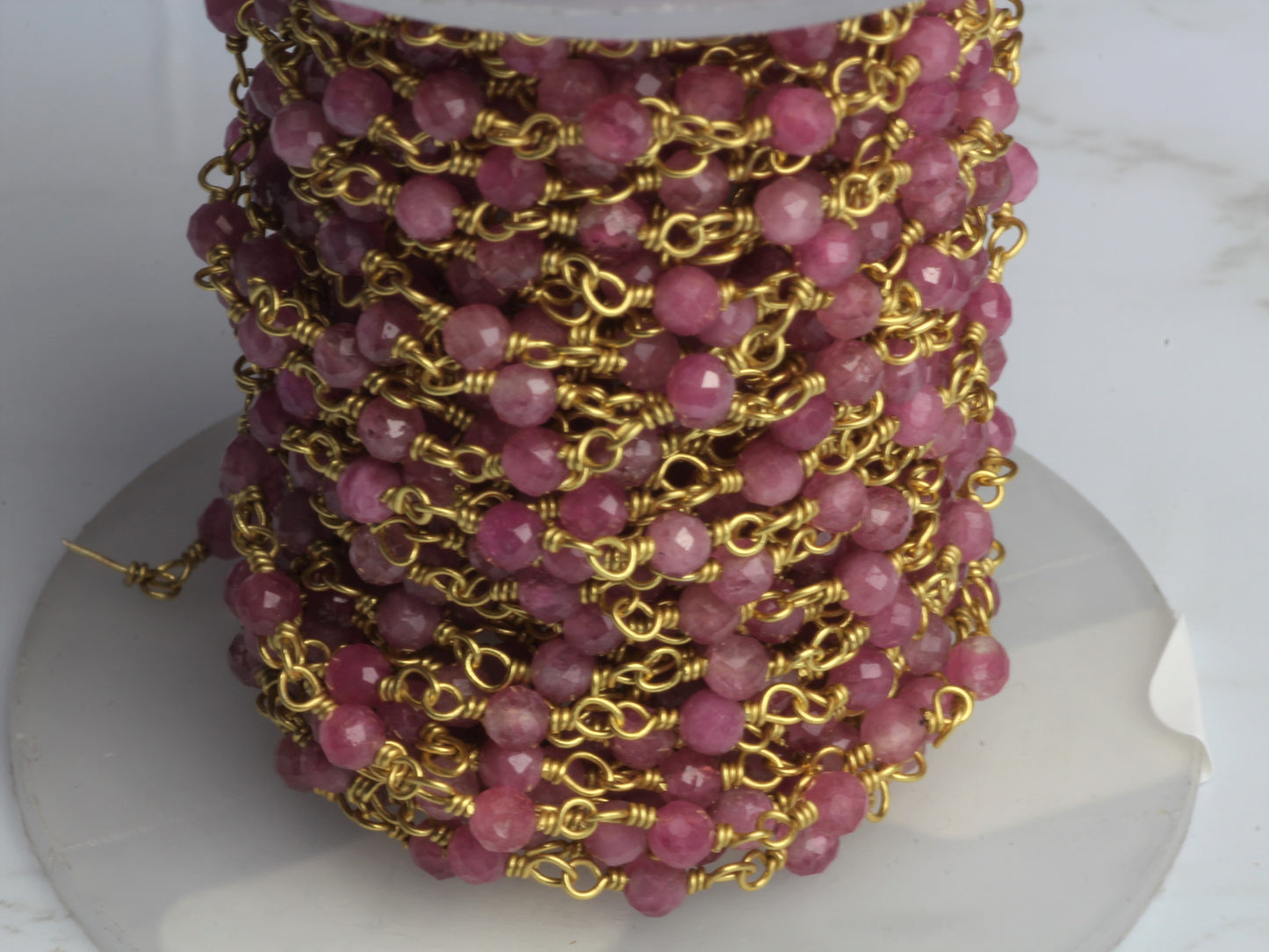 Ombre Pink Tourmaline 3mm Faceted Rounds Rosary Chain Sterling Silver with Gold Plating Wire Wrap Chain by the Foot