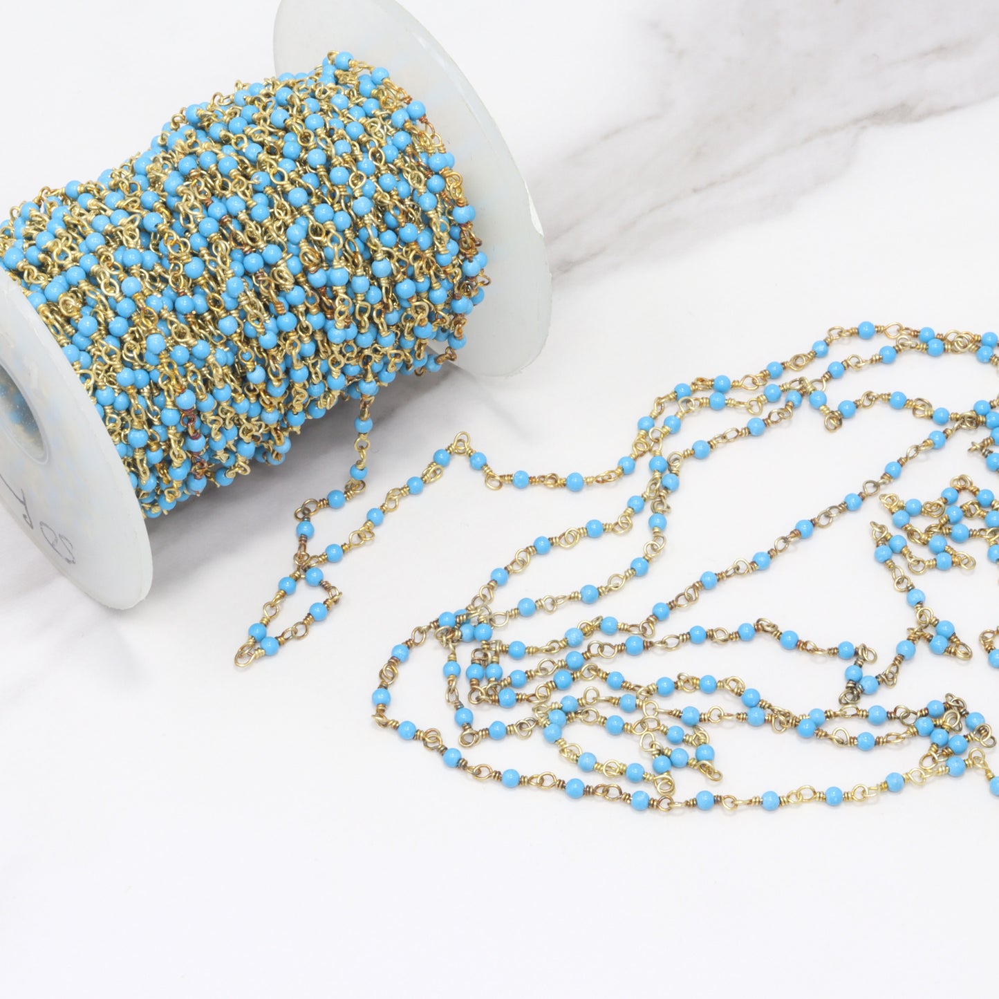 Blue Turquoise (R) 2mm Smooth Rounds Rosary Chain Sterling Silver with Gold Plating Wire Wrap Chain by the Foot