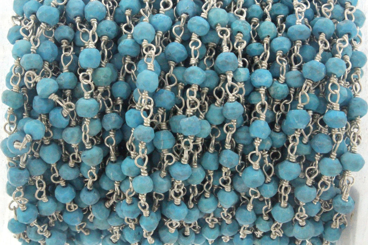 Blue Turquoise (R) 4mm Faceted Rondelles Rosary Chain Sterling Silver Wire Wrap Chain by the Foot