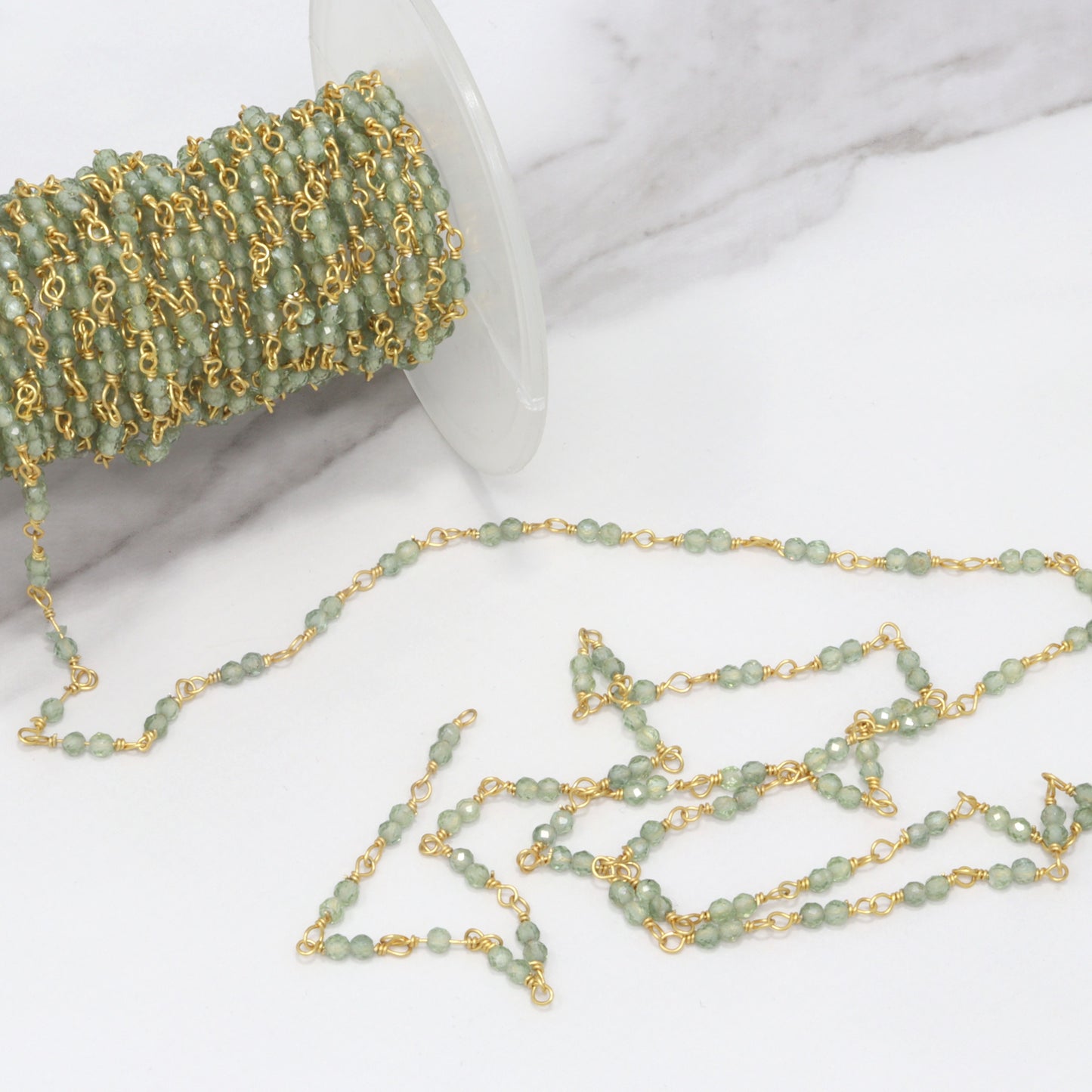 Green Apatite 2.5mm Faceted Rounds Rosary Chain Sterling Silver with Gold Plating Double Bead Wire Wrap Chain by the Foot