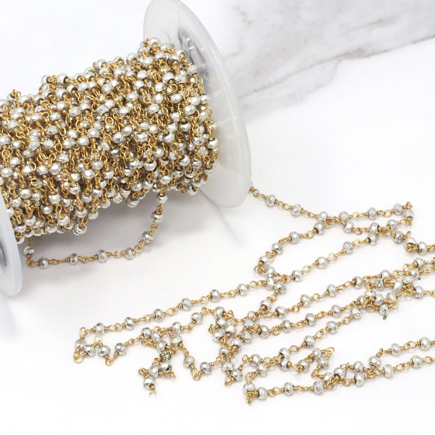 Silver Plated Pyrite 3mm Faceted Rondelles Rosary Chain Sterling Silver with Gold Plating Wire Wrap Chain by the Foot