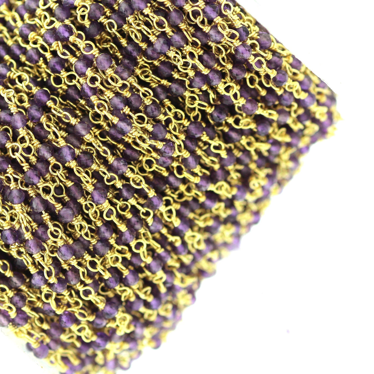 Purple Amethyst 2.5mm Faceted Rounds Rosary Chain Sterling Silver with Gold Plating Wire Wrap Chain by the Foot