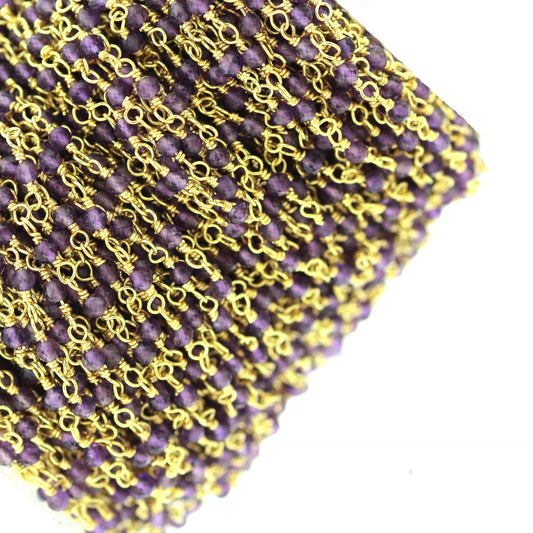 Purple Amethyst 2.5mm Faceted Rounds Rosary Chain Sterling Silver with Gold Plating Wire Wrap Chain by the Foot