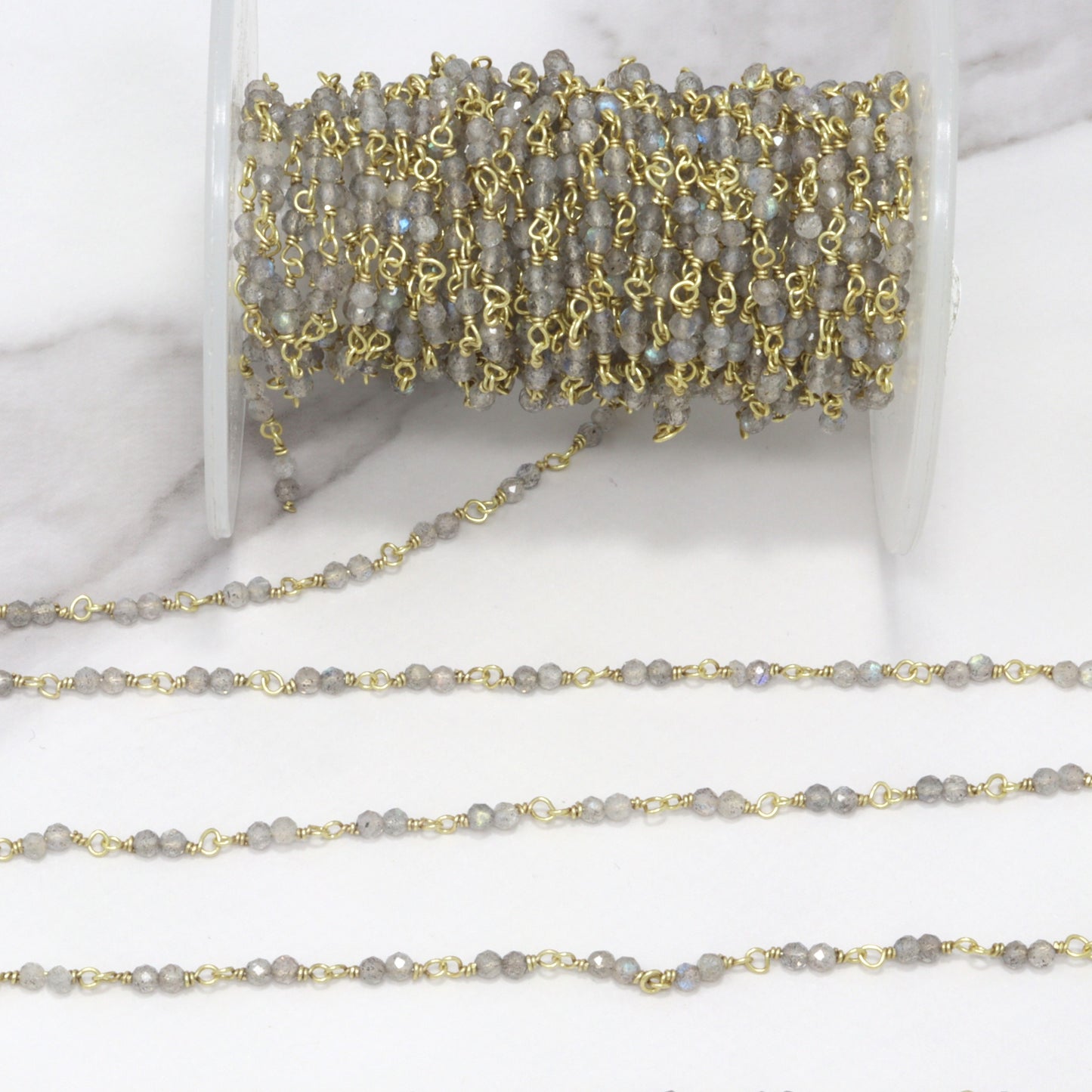 Blue Labradorite 2.5mm Faceted Rounds Double Rosary Chain Sterling Silver with Gold Plating Wire Wrap Chain by the Foot