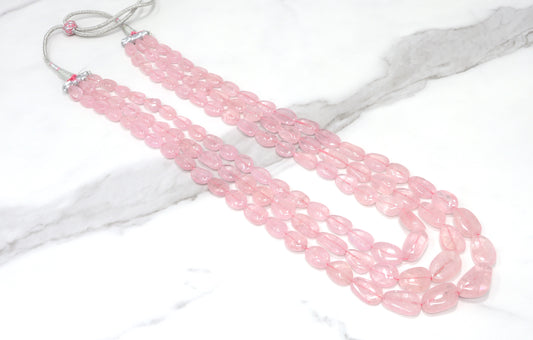 Pink Morganite 11x9mm - 16x12mm Smooth Nuggets 3 Strand Bead Necklace