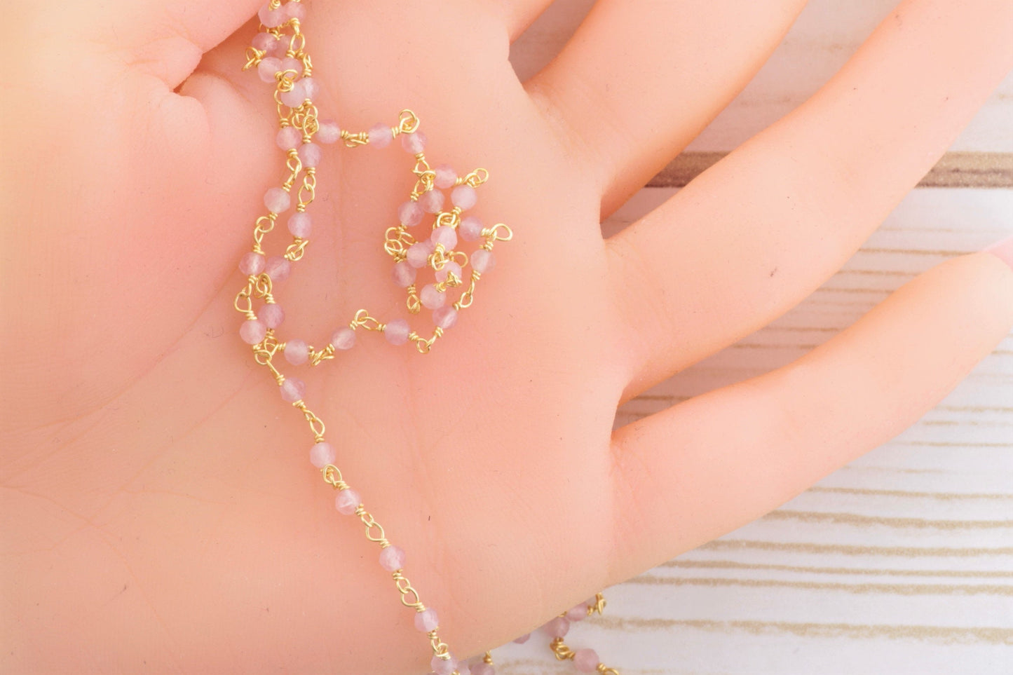 Pink Rose Quartz 3mm Faceted Rounds Rosary Chain Sterling Silver with Gold Plating Wire Wrap Chain by the Foot