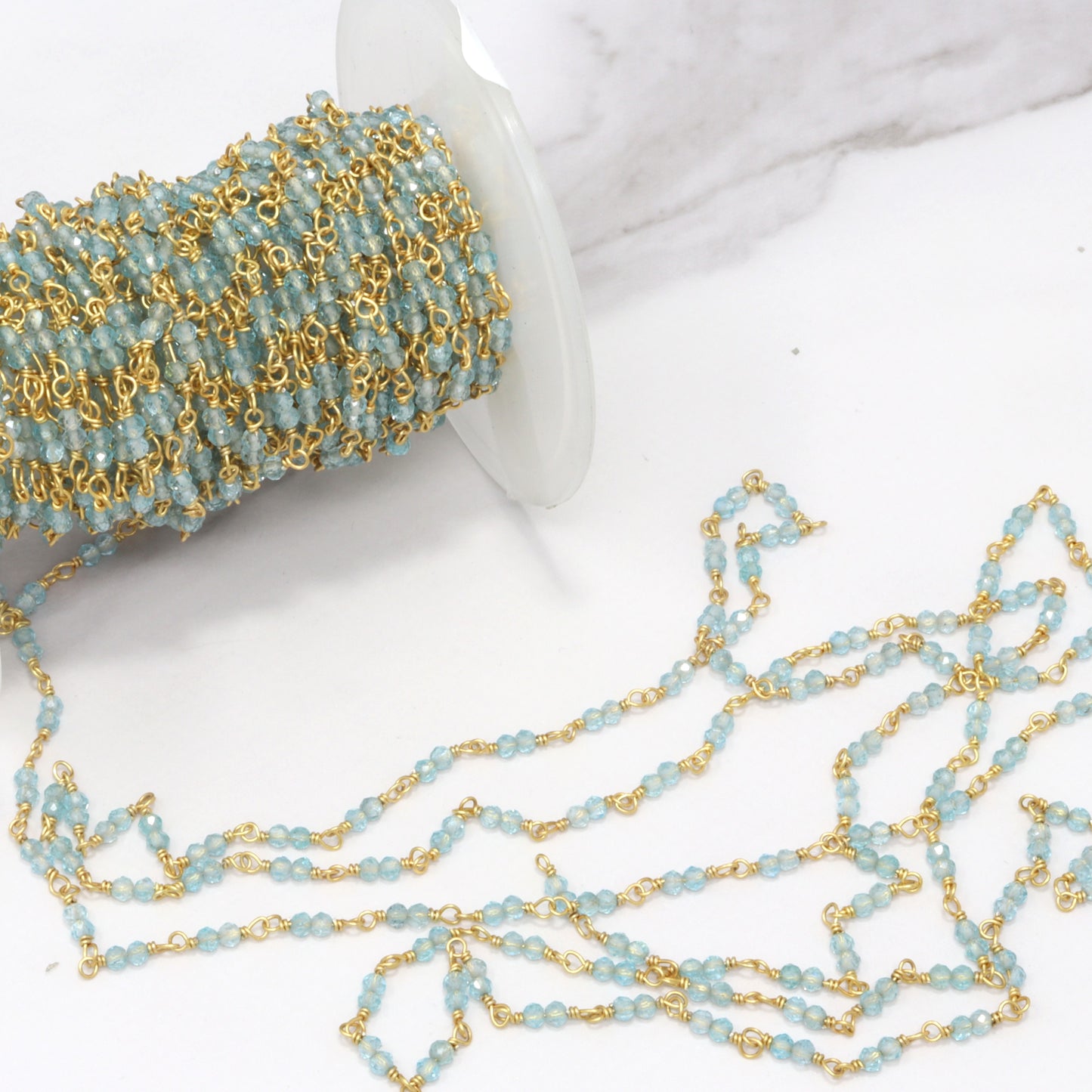 Sea Blue Apatite 2.5mm Faceted Rounds Rosary Chain Sterling Silver with Gold Plating Double Bead Wire Wrap Chain by the Foot