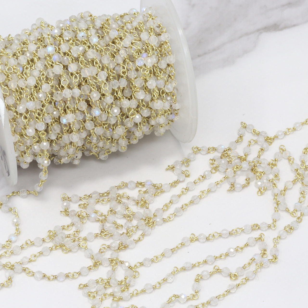 Blue Rainbow Moonstone 3mm Faceted Rounds Rosary Chain Sterling Silver with Gold Plating Wire Wrap Chain by the Foot