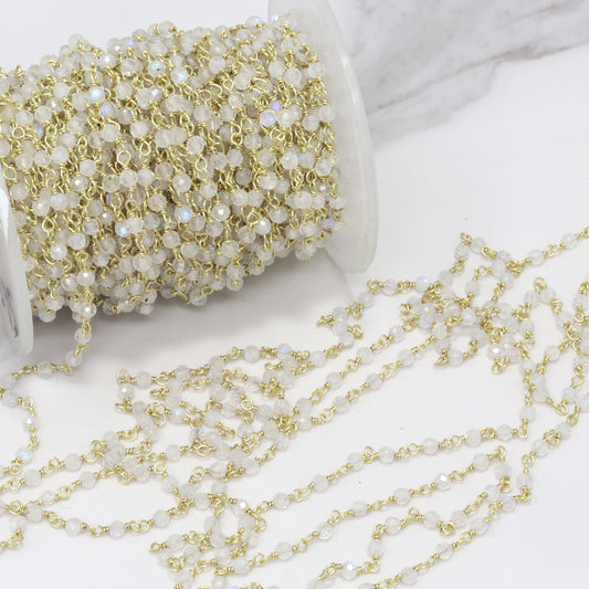 Blue Rainbow Moonstone 3mm Faceted Rounds Rosary Chain Sterling Silver with Gold Plating Wire Wrap Chain by the Foot