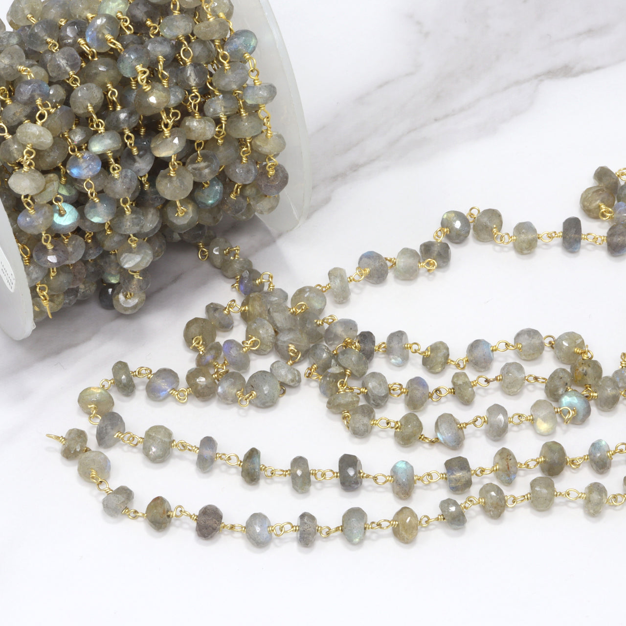 Blue Labradorite 6mm Faceted Rondelles Rosary Chain Sterling Silver with Gold Plating Wire Wrap Chain by the Foot