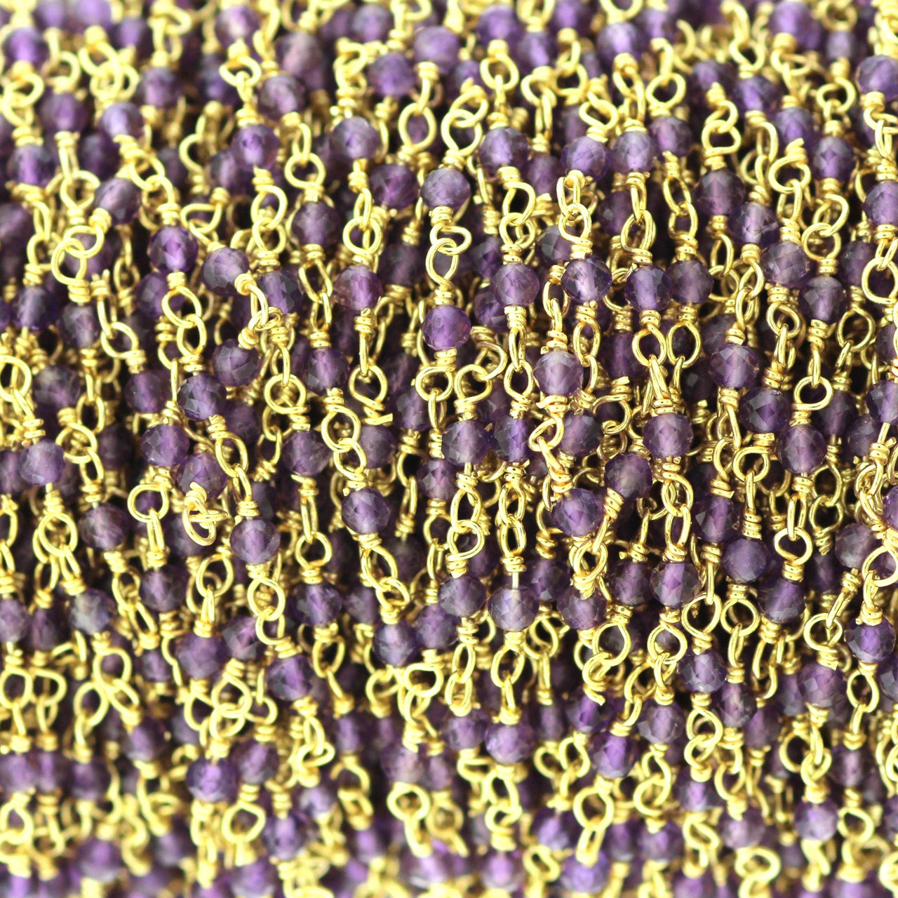 Purple Amethyst 2.5mm Faceted Rounds Rosary Chain Sterling Silver with Gold Plating Wire Wrap Chain by the Foot