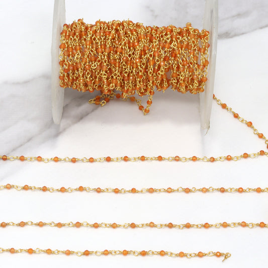 Orange Carnelian 2mm Faceted Rounds Rosary Chain Sterling Silver with Gold Plating Wire Wrap Chain by the Foot