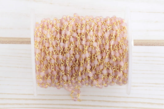 Pink Rose Quartz 3mm Faceted Rounds Rosary Chain Sterling Silver with Gold Plating Wire Wrap Chain by the Foot