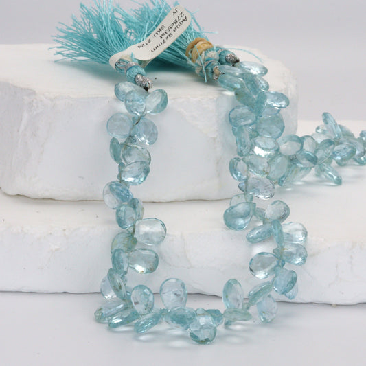 Blue Aquamarine 9x7mm Faceted Pear Shaped Briolettes Bead Strand