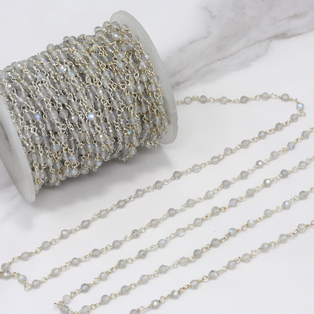 Blue Labradorite 3mm Faceted Rondelles Rosary Chain Sterling Silver Wire Wrap Chain by the Foot