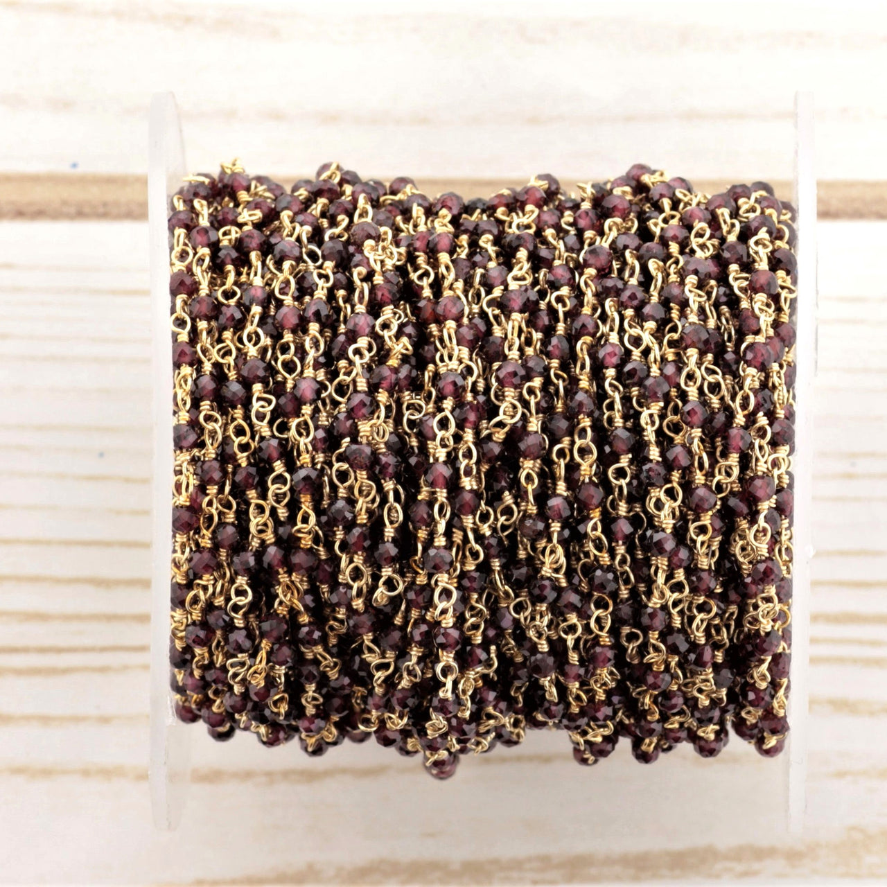 Red Garnet 2mm Faceted Rounds Rosary Chain Sterling Silver with Gold Plating Wire Wrap Chain by the Foot