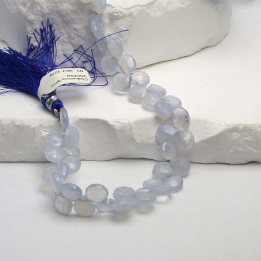 Natural Blue Chalcedony 8mm Faceted Heart Shaped Briolettes Bead Strand