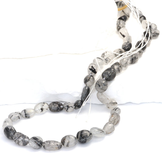Black Tourmalinated Quartz 8x6mm Smooth Nuggets Bead Strand