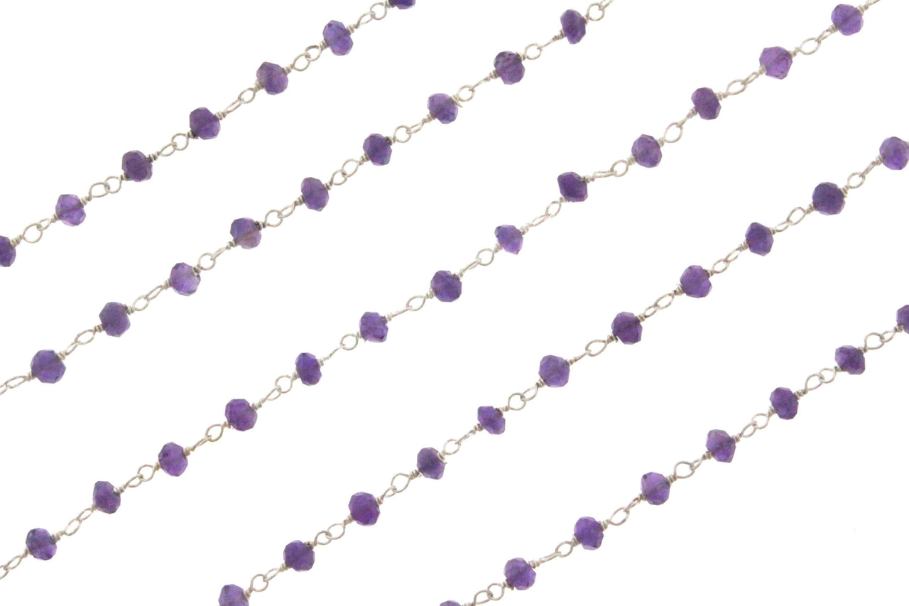 Purple Amethyst 3mm Faceted Rondelles Rosary Chain Sterling Silver Wire Wrap Chain by the Foot