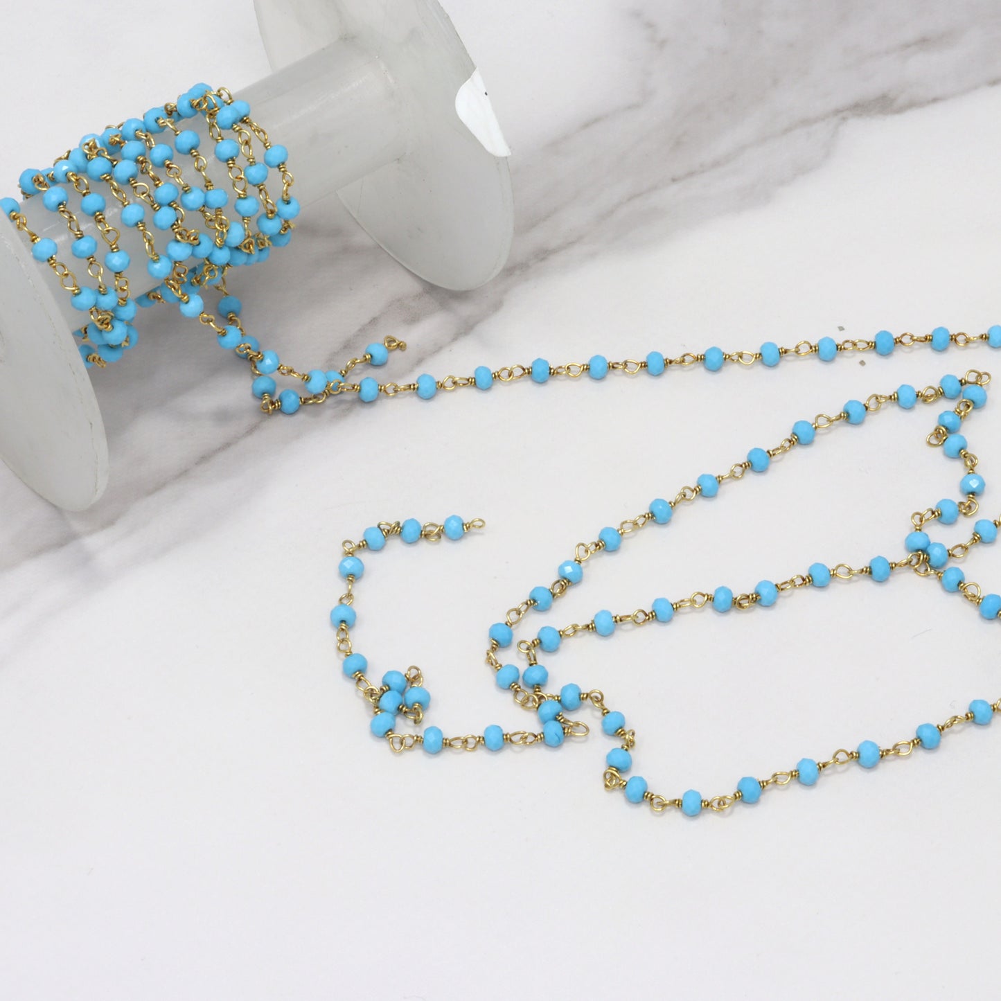 Blue Turquoise (R) 3mm Faceted Rondelles Rosary Chain Sterling Silver with Gold Plating Wire Wrap Chain by the Foot