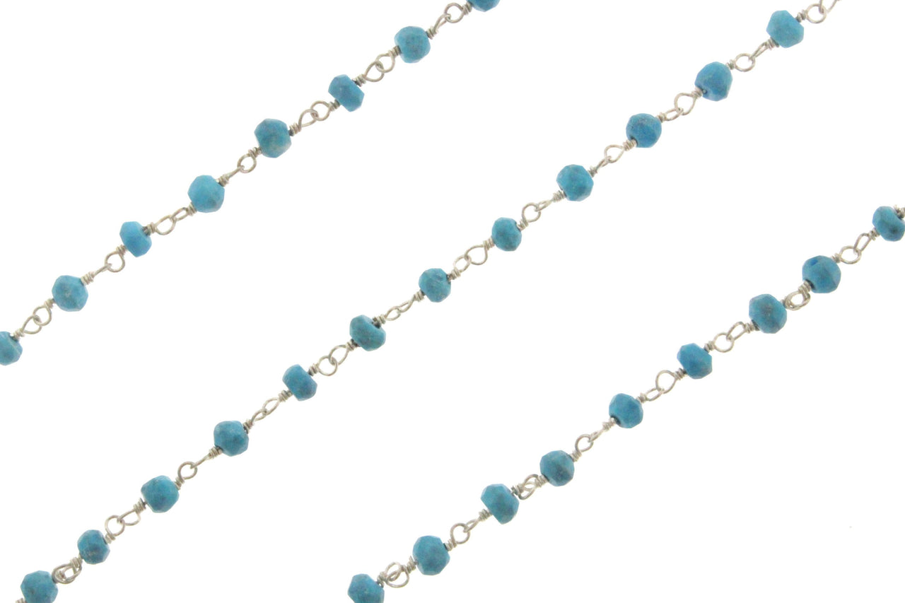 Blue Turquoise (R) 4mm Faceted Rondelles Rosary Chain Sterling Silver Wire Wrap Chain by the Foot