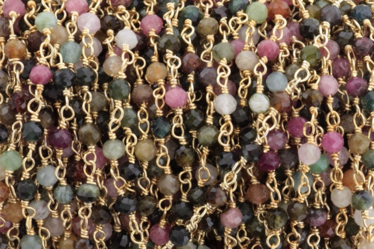 Watermelon Tourmaline 3mm Faceted Rounds Rosary Chain Sterling Silver with Gold Plating Wire Wrap Chain by the Foot