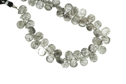 Black Tourmalinated Quartz 12x8mm Faceted Pear Shaped Briolettes