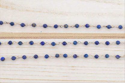 Royal Blue Lapis Lazuli 3mm Faceted Rondelles Rosary Chain Sterling Silver Wire Wrap Chain by the Foot