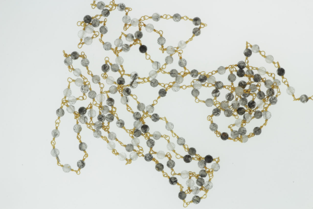 Black Tourmalinated Quartz 3.5mm Faceted Rounds Rosary Chain Sterling Silver with Gold Plating Wire Wrap Chain by the Foot