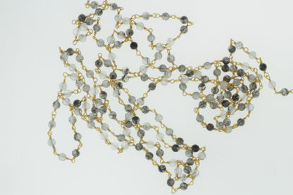 Black Tourmalinated Quartz 3.5mm Faceted Rounds Rosary Chain Sterling Silver with Gold Plating Wire Wrap Chain by the Foot
