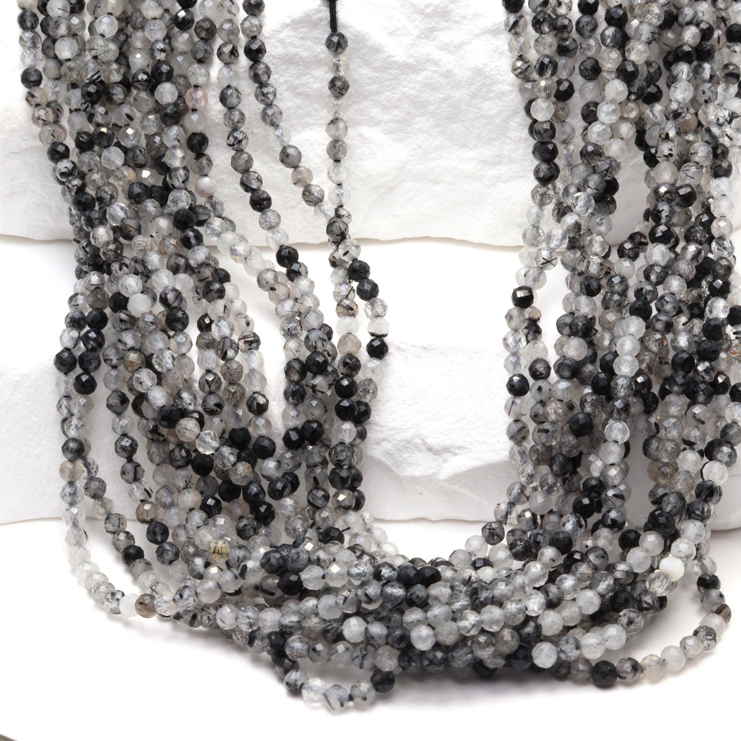 Black Tourmalinated Quartz 2mm Faceted Rounds