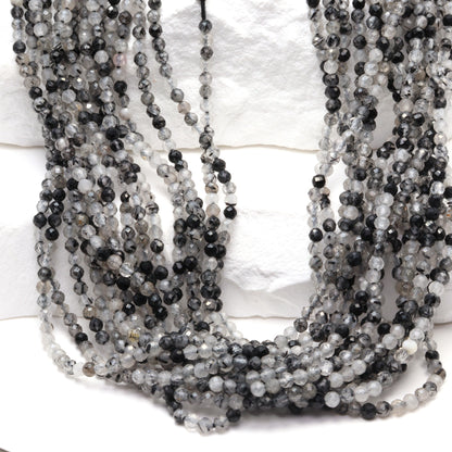 Black Tourmalinated Quartz 2mm Faceted Rounds