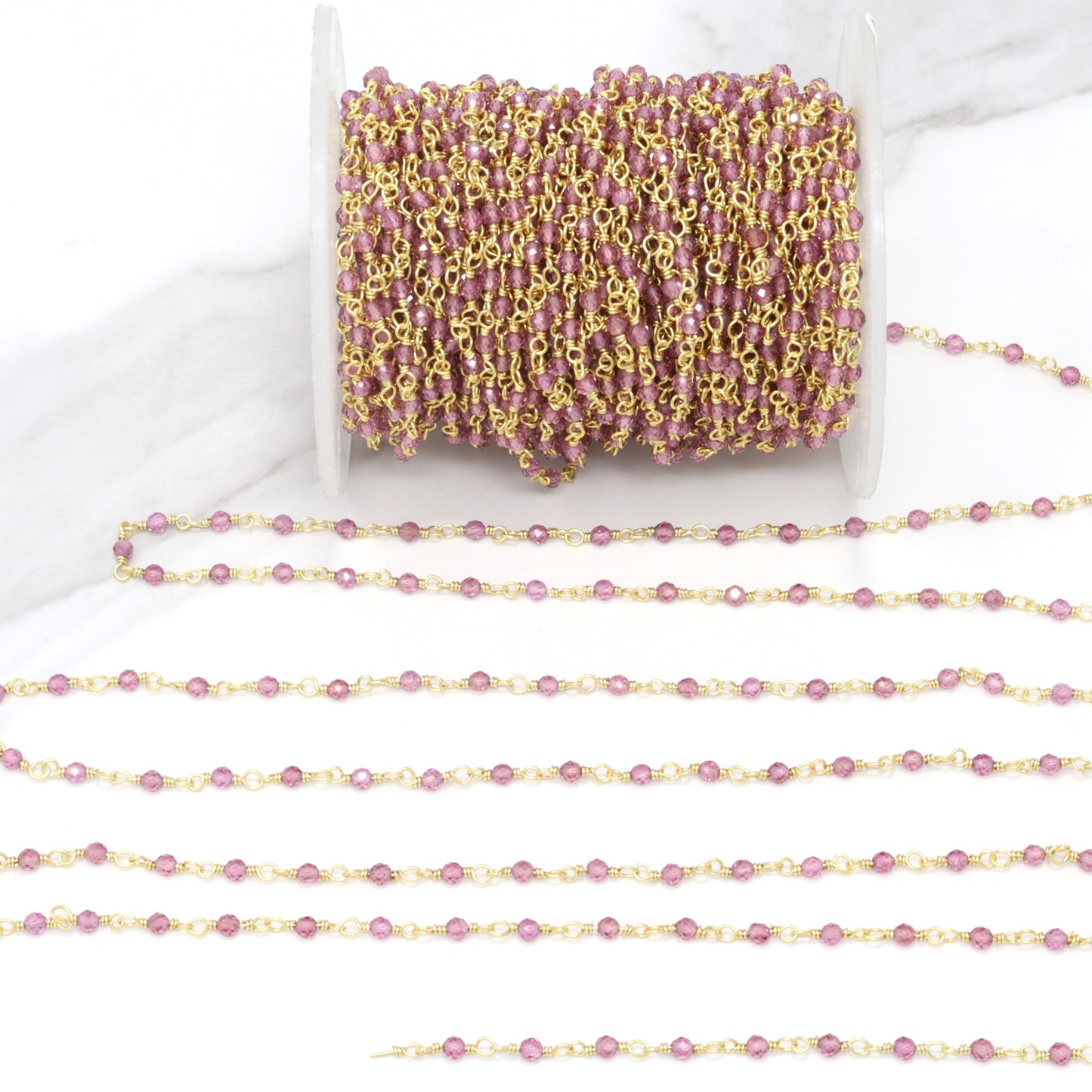 Rhodolite Garnet 2.5mm Faceted Rounds Rosary Chain Sterling Silver with Gold Plating Wire Wrap Chain by the Foot