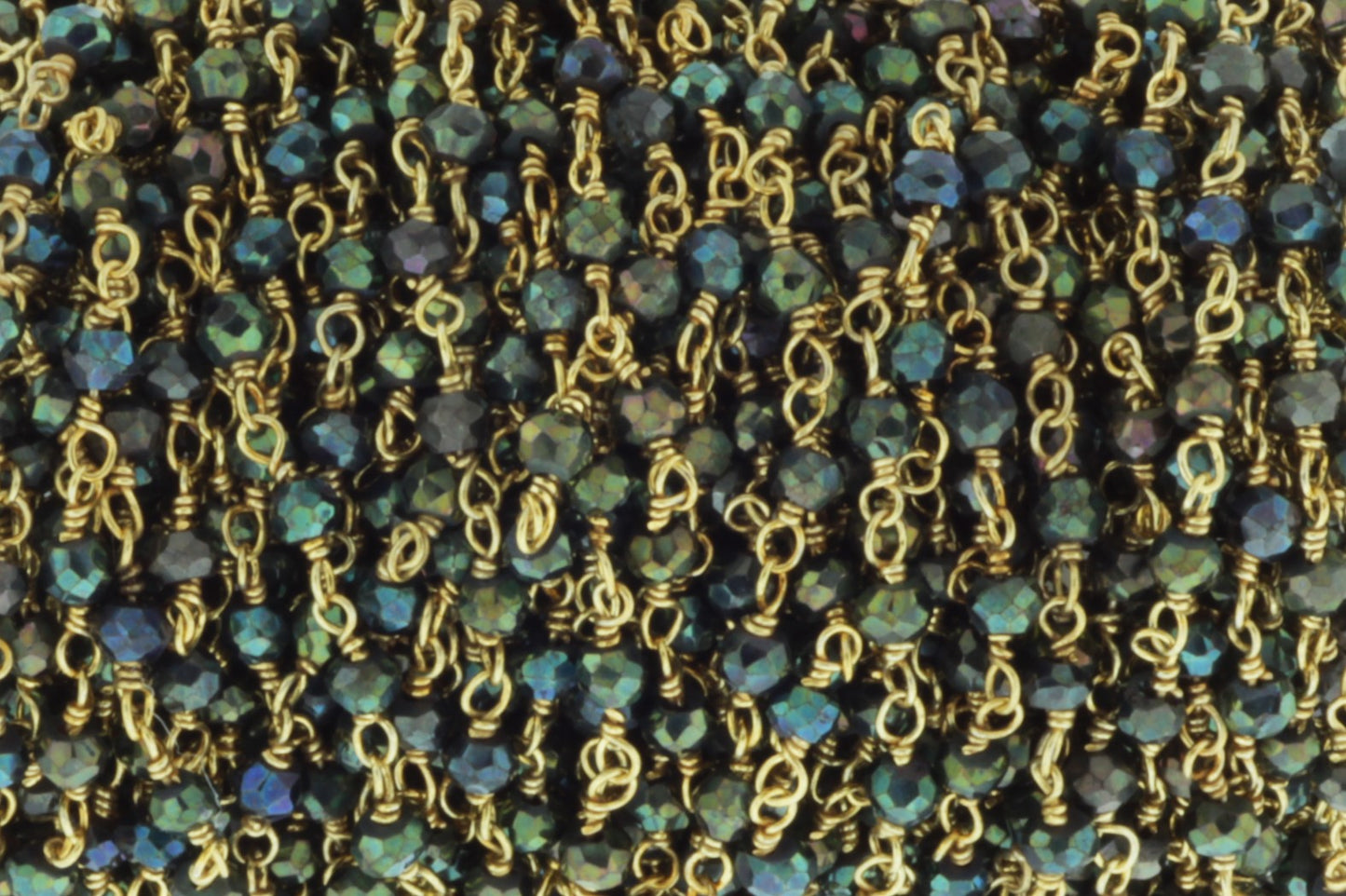 Green Coated Black Spinel 3mm Faceted Rondelles Rosary Chain Sterling Silver with Gold Plating Wire Wrap Chain by the Foot