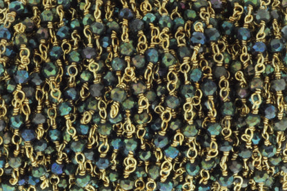 Green Coated Black Spinel 3mm Faceted Rondelles Rosary Chain Sterling Silver with Gold Plating Wire Wrap Chain by the Foot