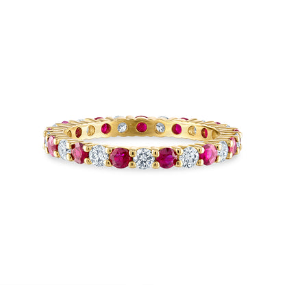 18k Rose Gold and 18k White Gold and 18k Yellow Gold White Diamond and Ruby Shared Prong ring, main view