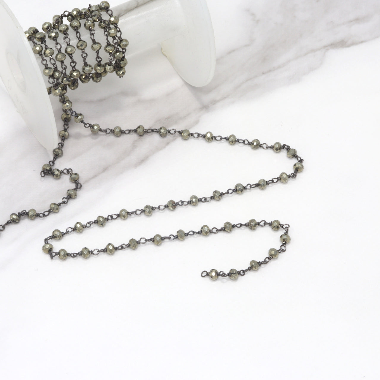 Natural Pyrite 4mm Faceted Rondelles Rosary Chain Sterling Silver with Black Rhodium Plating Wire Wrap Chain by the Foot