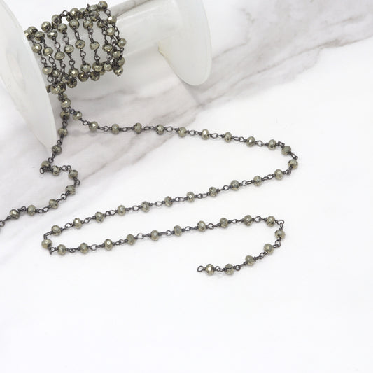 Natural Pyrite 4mm Faceted Rondelles Rosary Chain Sterling Silver with Black Rhodium Plating Wire Wrap Chain by the Foot