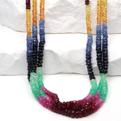 Rainbow Multi Ruby, Emerald, and Sapphire 2.5mm – 3.5mm Hand Faceted Rondelles Bead Strand