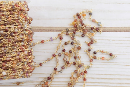 Red and Brown Multi Zircon 2.5mm Faceted Rondelles Rosary Chain Sterling Silver with Gold Plating Wire Wrap Chain by the Foot