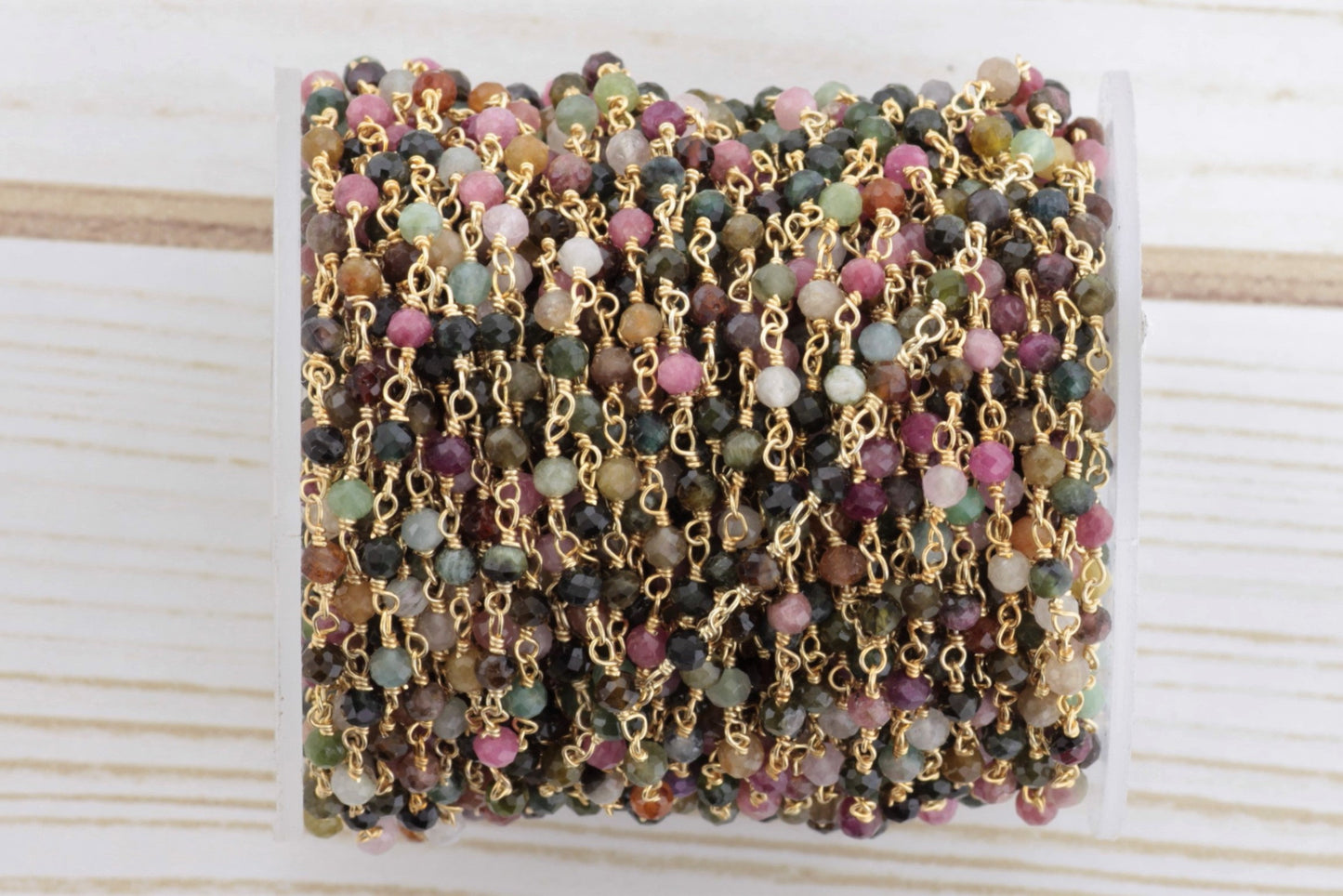 Watermelon Tourmaline 3mm Faceted Rounds Rosary Chain Sterling Silver with Gold Plating Wire Wrap Chain by the Foot